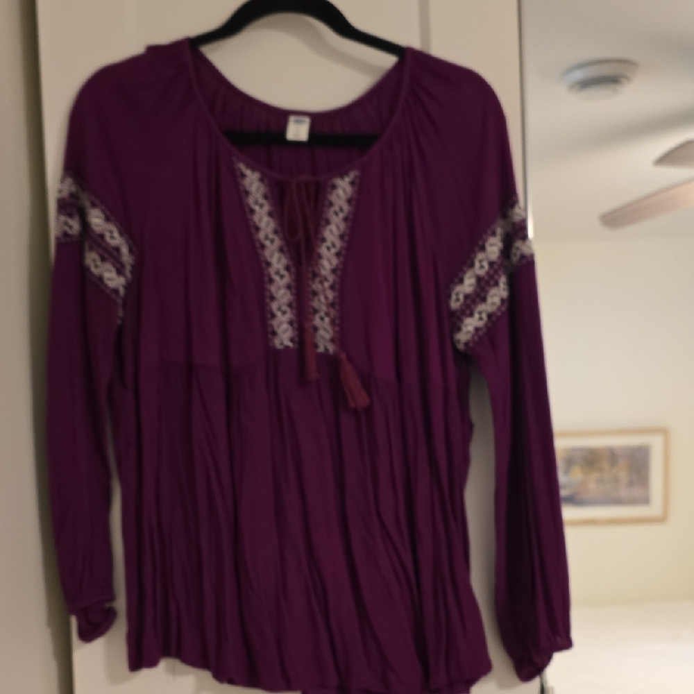Old Navy Purple Gathered Tie Front Long Sleeve Peasant Blouse Size L